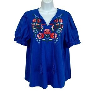Blue Embroidered Cotton Tunic Blouse Large Relaxed Tassel Tie Boho Summer